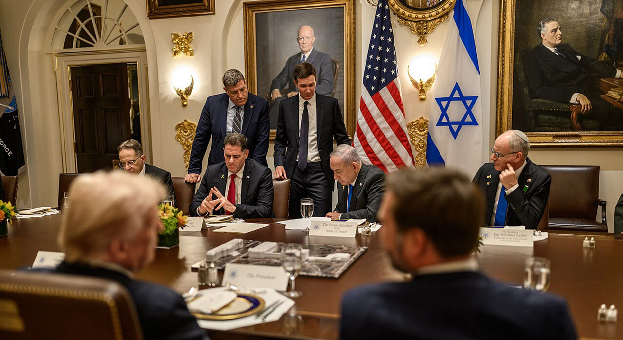 Israeli Prime Minister Benjamin Netanyahu reviews the U.S. peace plan for Gaza with Jared Kushner during a bilateral luncheon with President Donald Trump, Monday, September 29, 2025, in the Cabinet Room.