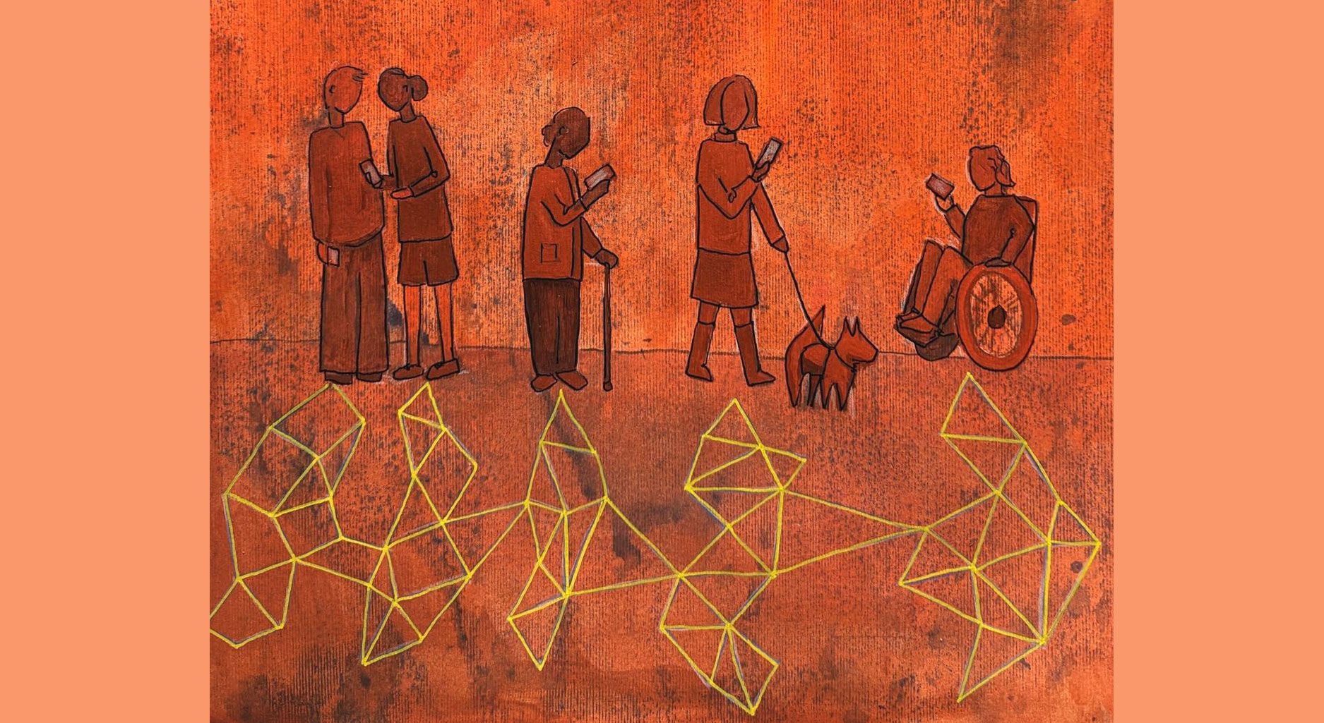 Five people and a dog are seen outlined in orange, against an orange background. Two of the people talk to each other, one stands along with a stick, one walks a dog, and the other is in a wheelchair. All of them look at their mobile phones intently, and all cast shadows on the ground. The shadows are made up of network diagrams, being representative, rather than literal shadows.