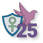 Icon eines Schilds mit dem Symbol für weiblich, eine Friedenstaube und die Zahl 25