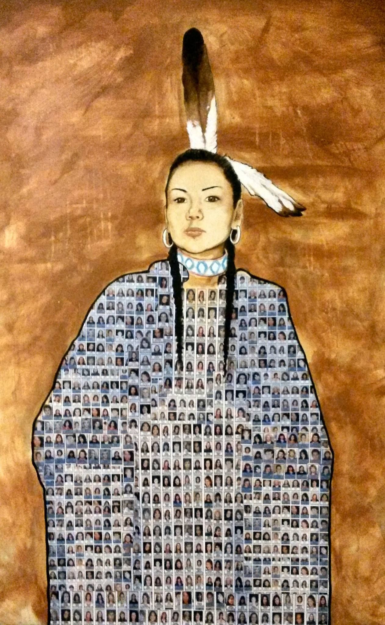 Abbildung einer indigenen Frau, zusammengesetzt aus vielen einzelnen Portraitfotos