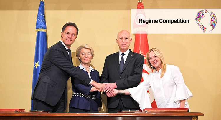 Mark Rutte, Ursula von der Leyen, Kaïs Saïed , and Giorgia Meloni shaking hands