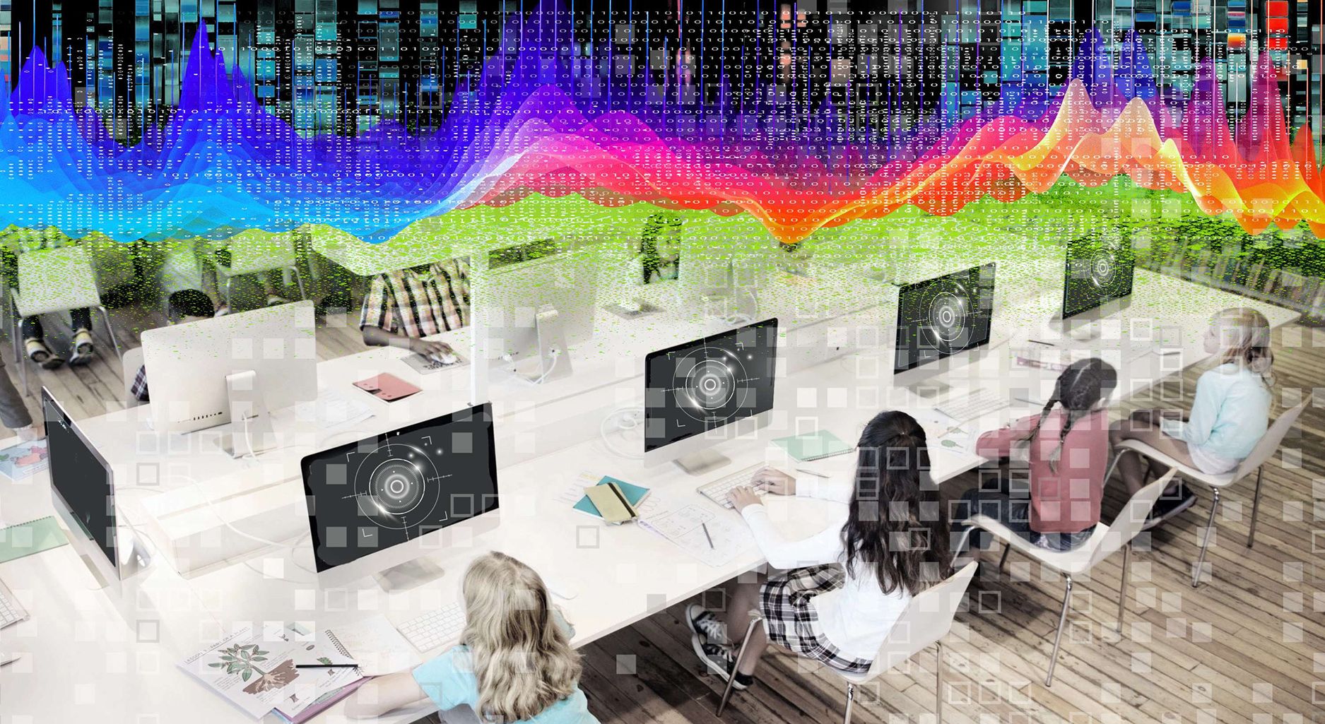 Schüler*innen an Computern mit Bildschirmen, die eine Darstellung eines Netzhautscanners mit Pixel- und Binärdatenüberlagerungen und einer bunten Datenwellen-Heatmap im oberen Bereich enthalten.
