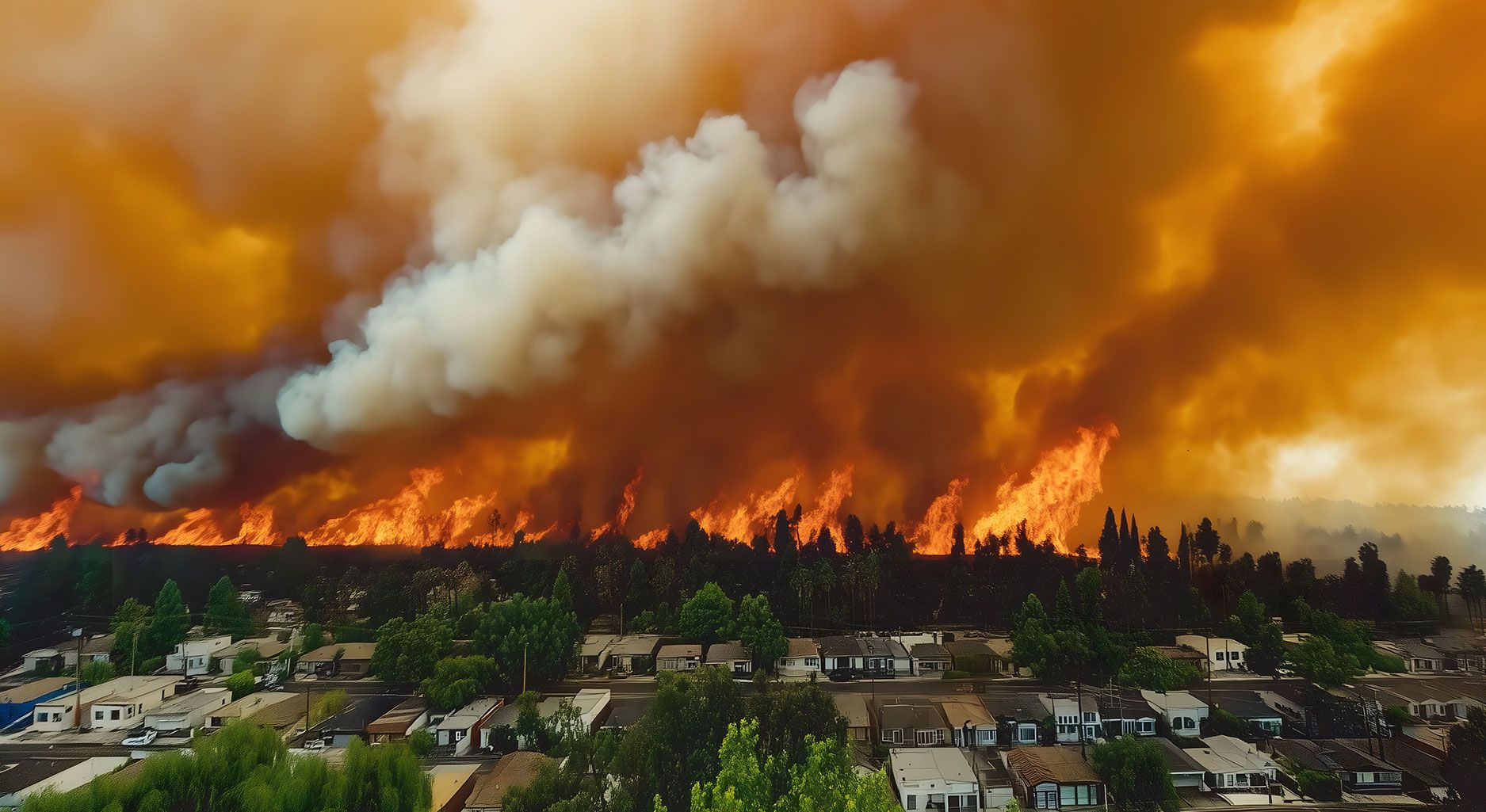 Photo of a settlement with a burning forest in the background and enormous clouds of smoke emanating from the fire. There is an overlay that reads "Socio-ecological transformation conflicts".