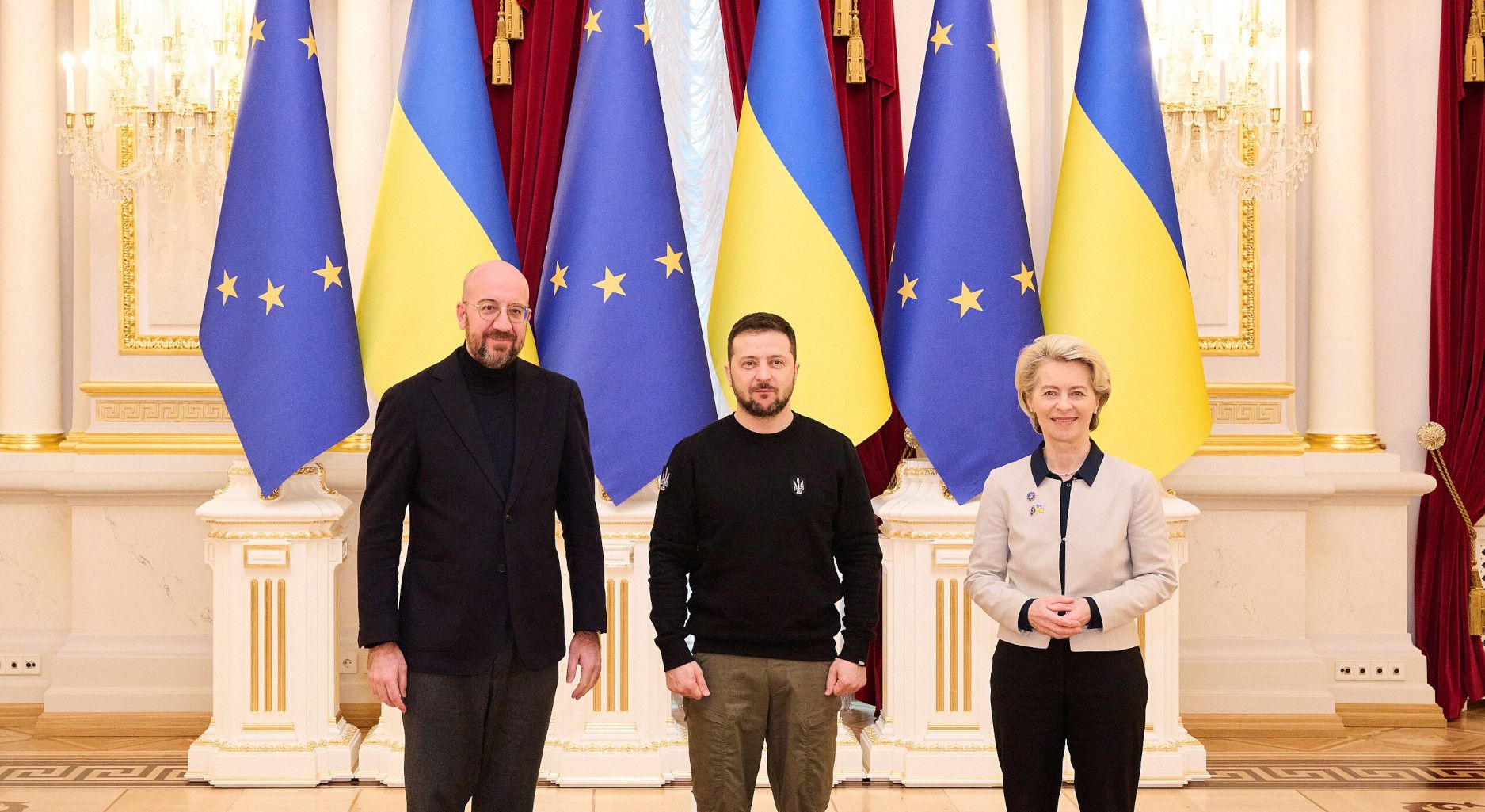 Charles Michel, Volodymyr Selensky und Ursula von der Leyen
