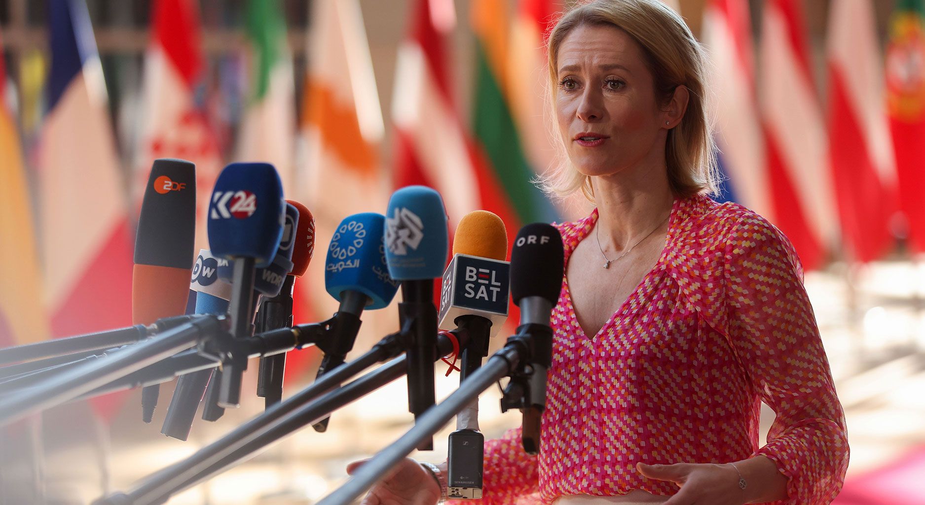 EU High Representative for Foreign Affairs and Security Policy, Kaja Kallas, speaks to the press during a meeting of the European Council of Foreign Affairs and Defense Ministers in Brussels.