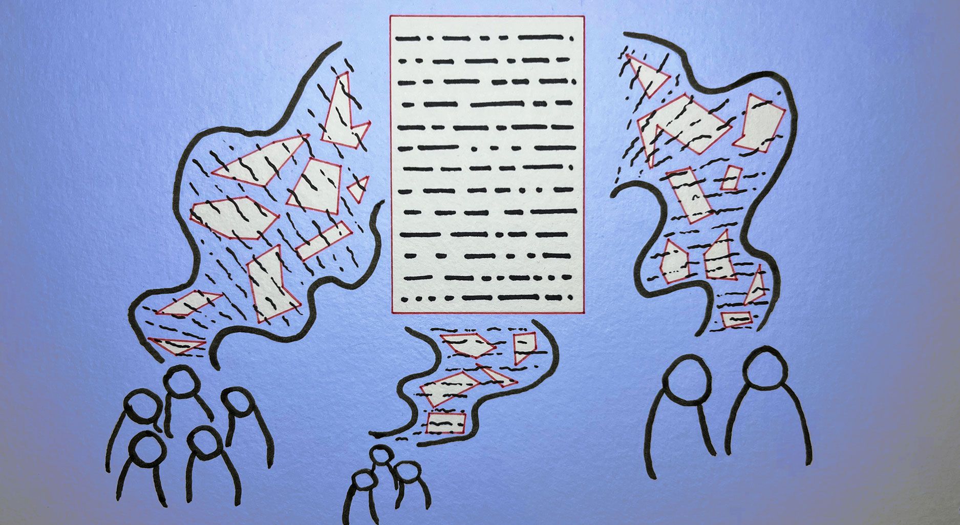 Three groups of icons representing people have shapes travelling between them and a page in the middle of the image. The page is a simple rectangle with straight lines representing data. The shapes traveling towards the page are irregular and in squiggly bands.