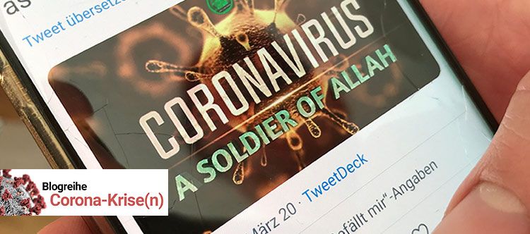 Das Foto zeigt die Webseite "Coronavirus - a soldier from Allah" auf einem Smartphone.