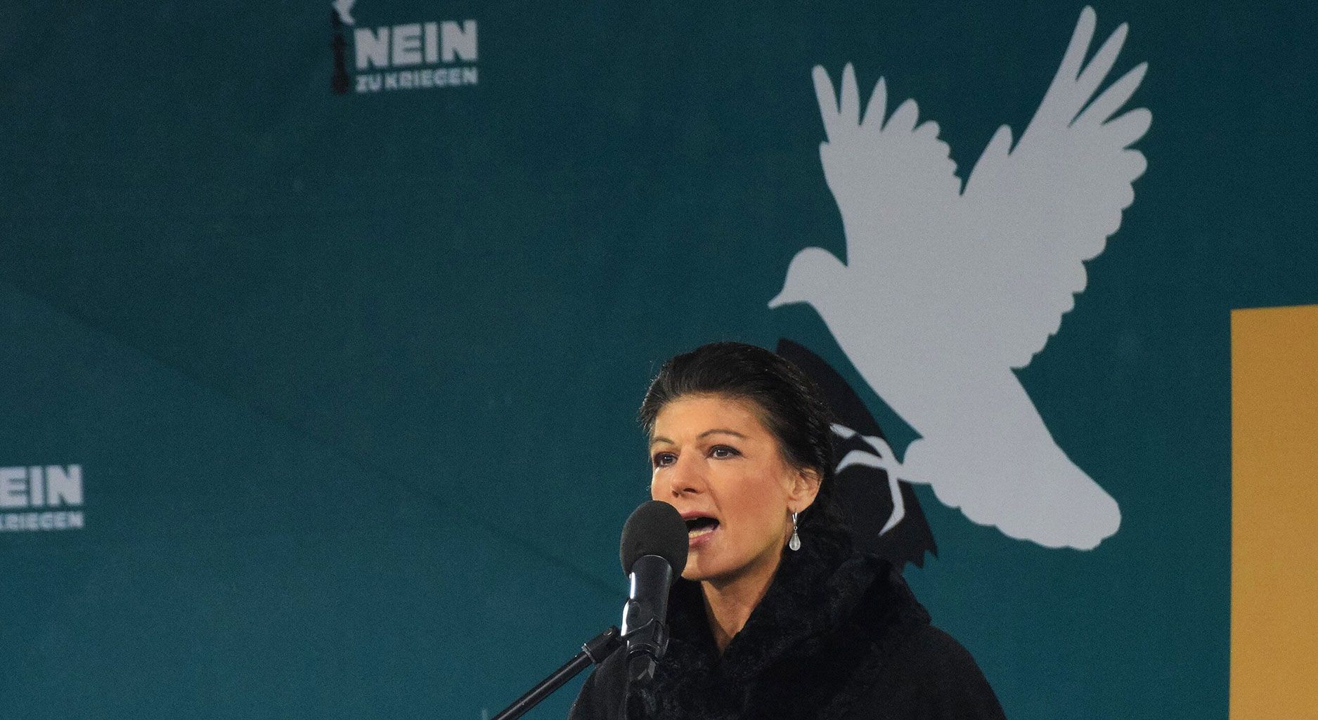 Sahra Wagenknecht mit Mikrofon auf einer Kundgebung. Im Hintergrund zu sehen eine Friedenstaube und der Slogen "Nein zu Kriegen".