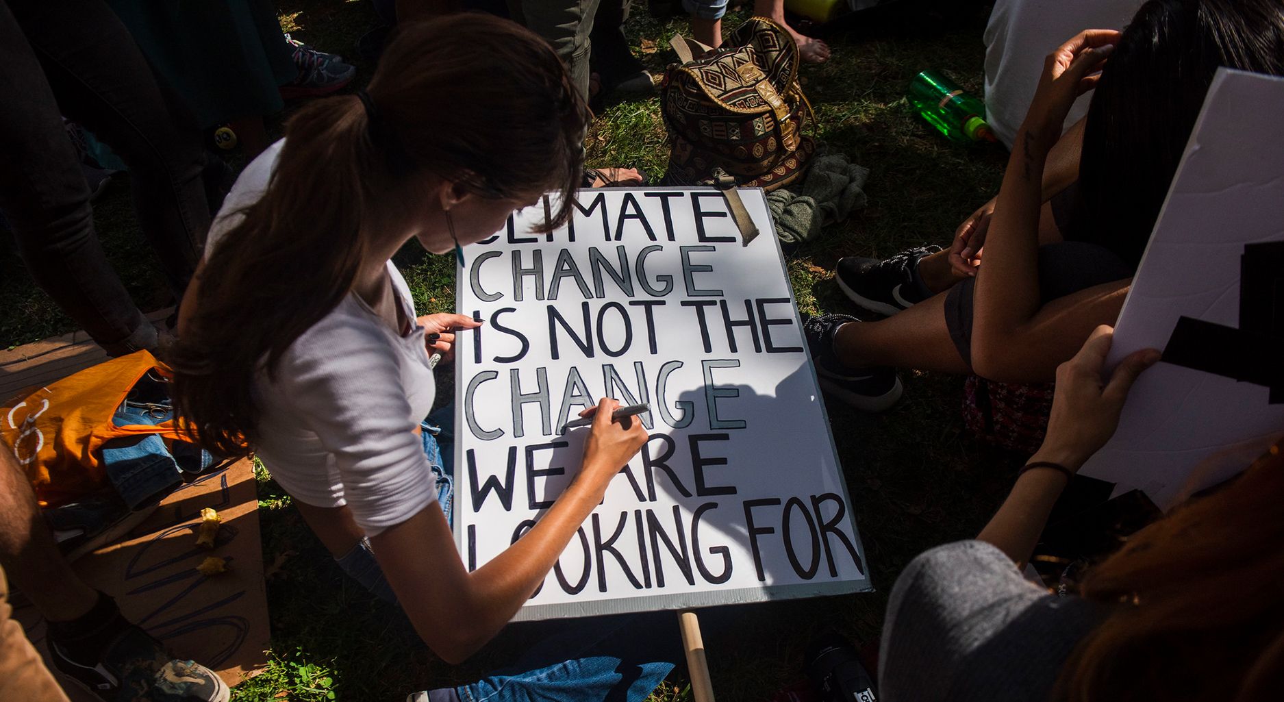 A young woman draws a poster saying "Climate Change is not the Change we are looking for"