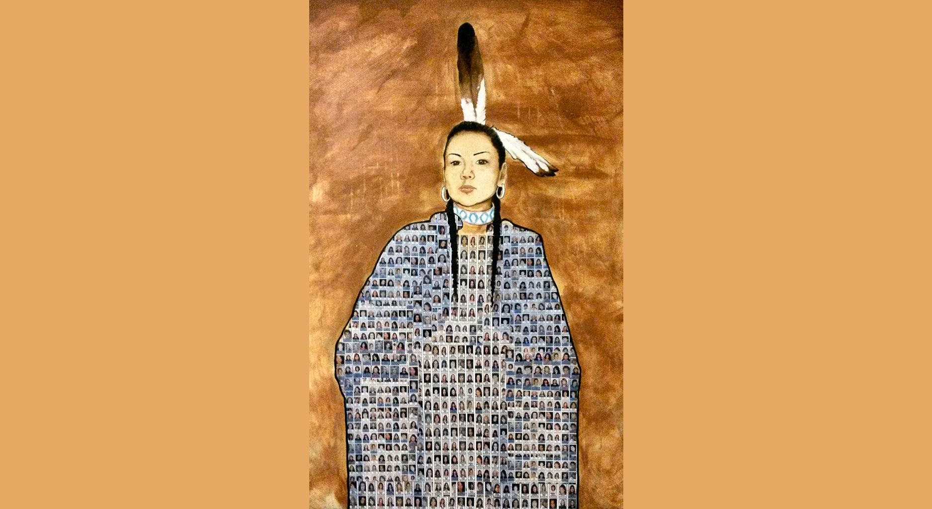 Abbildung einer indigenen Frau, zusammengesetzt aus vielen einzelnen Portraitfotos