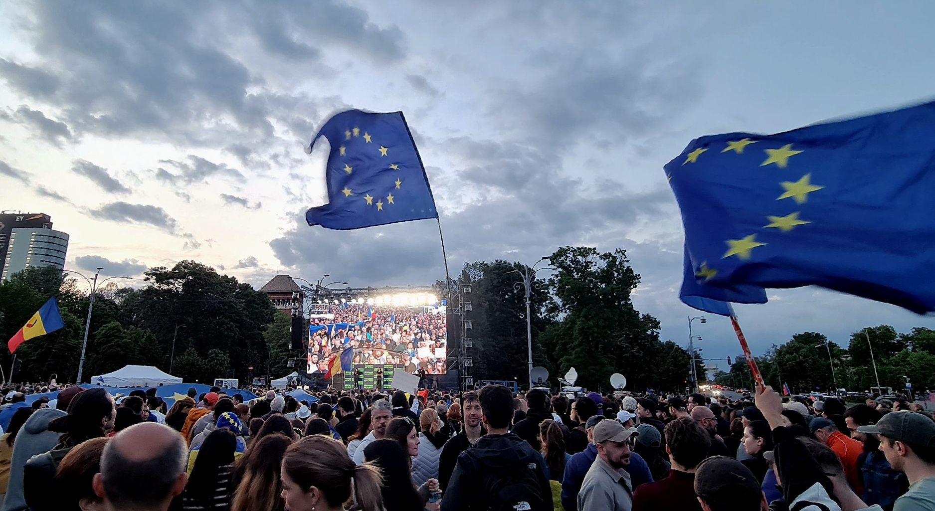 a big crowd is waving a european flag and