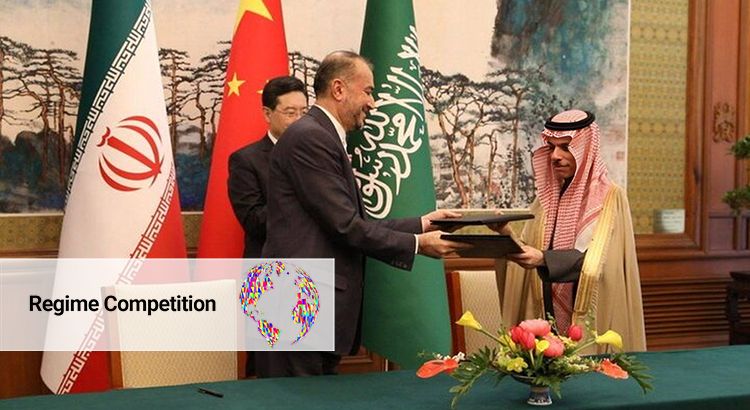 Iranian Foreign Minister Hossein Amir-Abdollahian and his Saudi counterpart, Prince Faisal bin Farhan Al Saud after signing a joint statement on the restoration of diplomatic relations, with Chinese Foreign Minister Qin Gang in the background.
