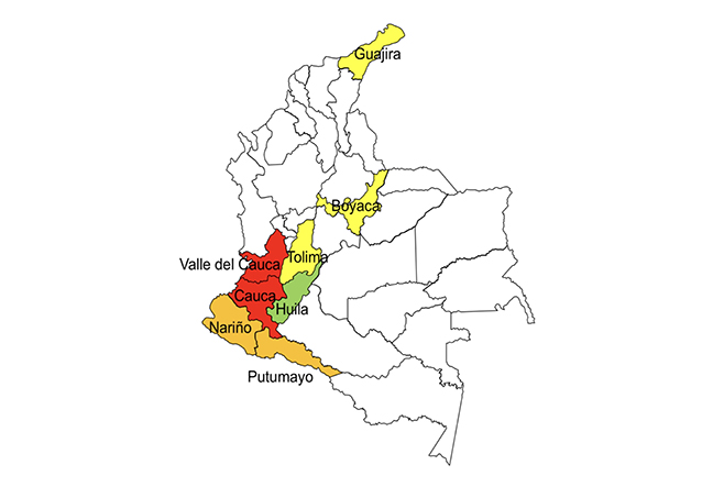 Indigenous mobilization in the Minga in Colombia by departments as of 6th April 2019