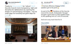 Kanadas UN-Botschafter (links) und Großbritanniens UN-Delegation (rechts) gratulieren Deutschland auf Twitter zu den „Reformen“ im Sicherheitsrat