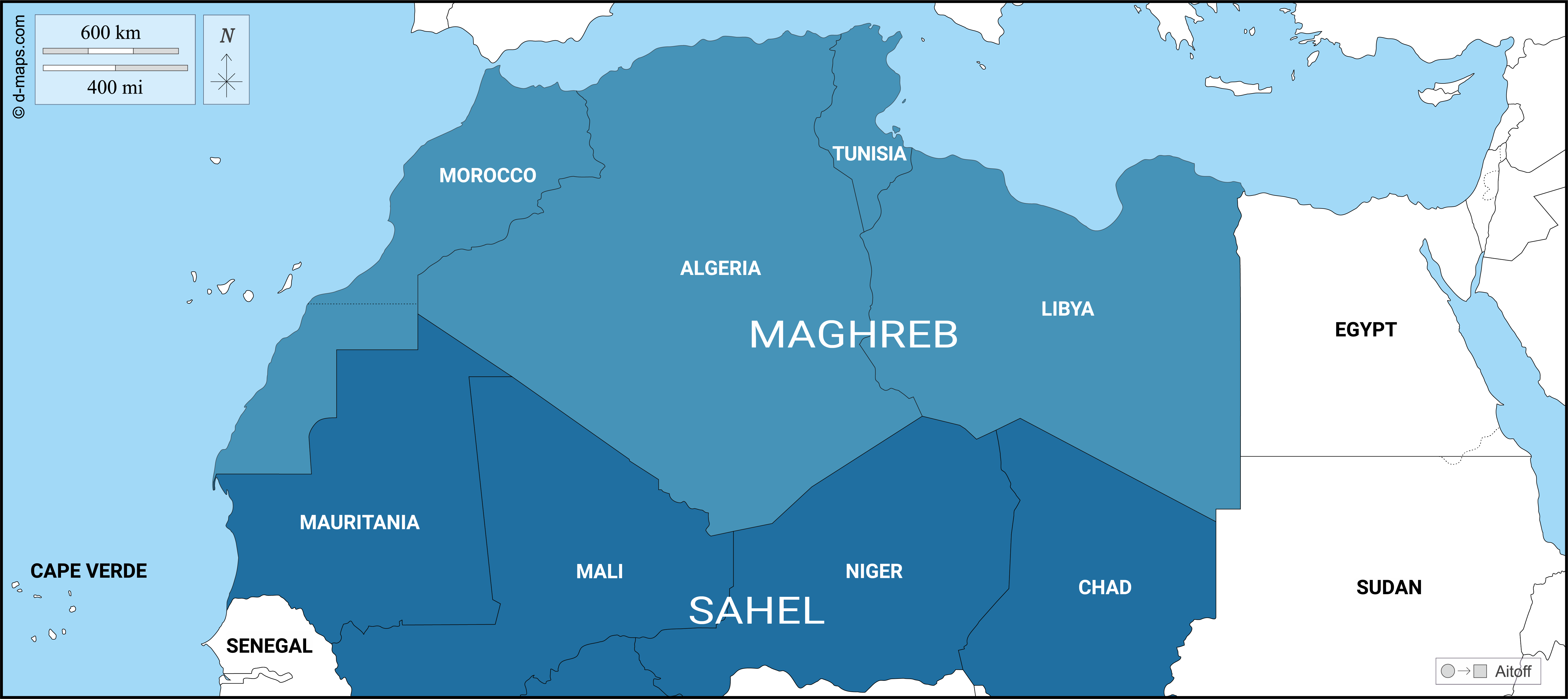 Map of North Africa depicting the Maghreb and Sahel member states