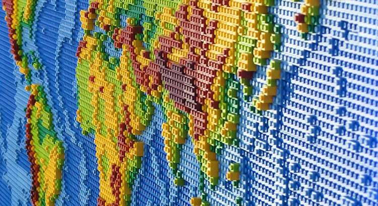 A world map made from LEGO bricks