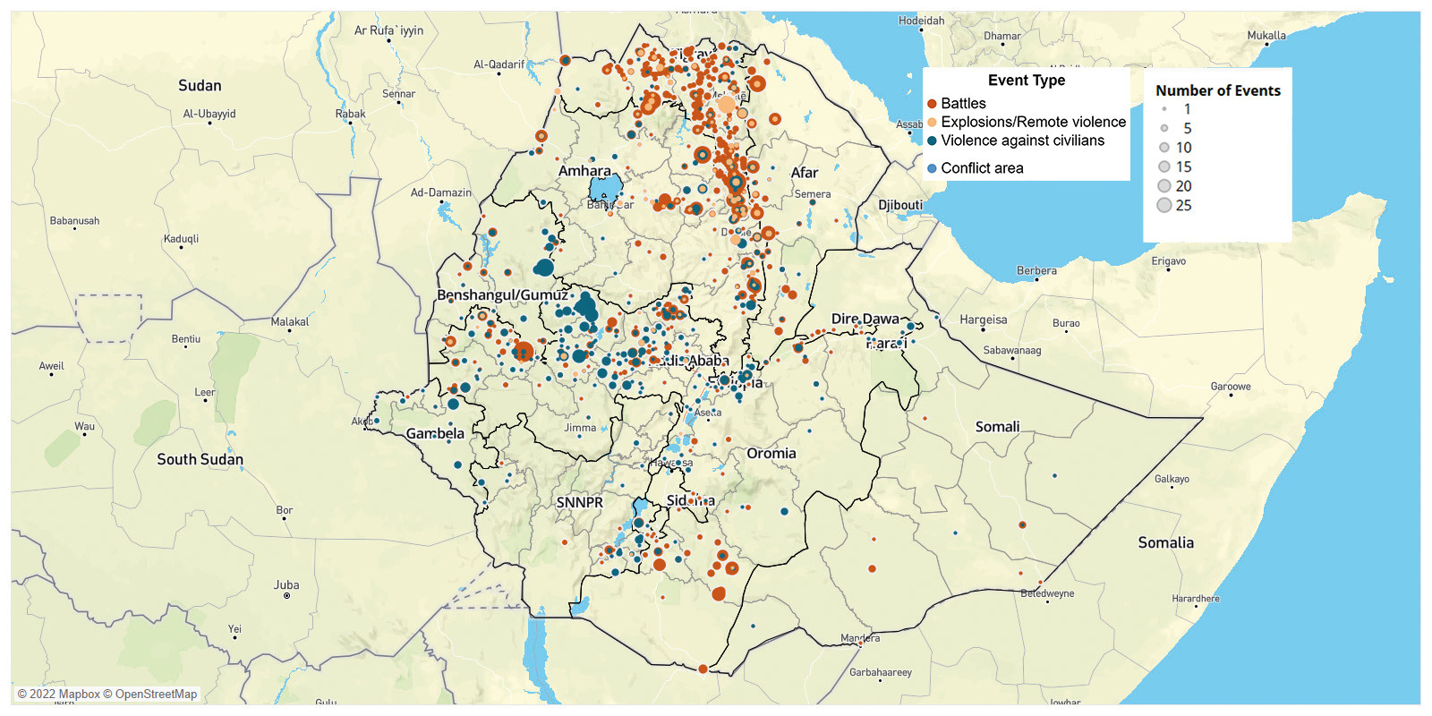Map: Organized Violence in Ethiopia; Source: Armed Conflict Location & Event Data Project (ACLED)