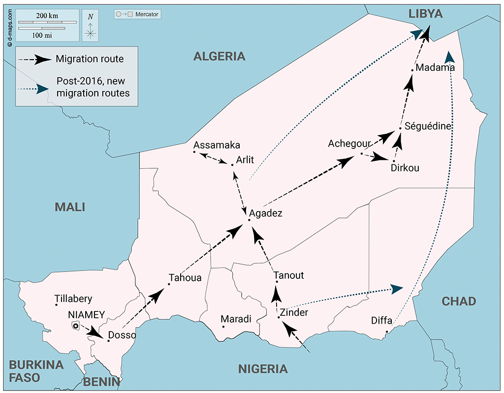 Map of Niger showing migration routes towards Libya and Algeria. It can be seen that migration routes cross through Agadez in the middle of the country. Map also shows post-2016, new migration routes towards Libya.