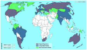 Map of the world showing the parties to the Antarctic Treaty. The 12 original signatories are Argentina, Australia, Belgium, Chile, France, Japan, New Zealand, Norway, Soviet Union/Russian Federation, South Africa, United Kingdom, United States. The other Consultative Parties are Brazil, Bulgaria, China, Czechia, Ecuador, Finland, Germany, India, Italy, Korea (ROK), Netherlands, Peru, Poland, Spain, Sweden, Ukraine, Uruguay. The Non-Consultative Parties are Austria, Belarus, Canada, Colombia, Costa Rica, Cuba, Denmark, Estonia, Greece, Guatemala, Hungary, Iceland, Kasakhstan, Korea (DPRK), Malaysia, Monaco, Mongolia, Pakistan, Papua New Guinea, Portugal, Romania, San Marino, Slovakia, Slovenia, Switzerland, Türkiye, Venezuela.