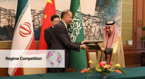 Iranian Foreign Minister Hossein Amir-Abdollahian and his Saudi counterpart, Prince Faisal bin Farhan Al Saud after signing a joint statement on the restoration of diplomatic relations, with Chinese Foreign Minister Qin Gang in the background.