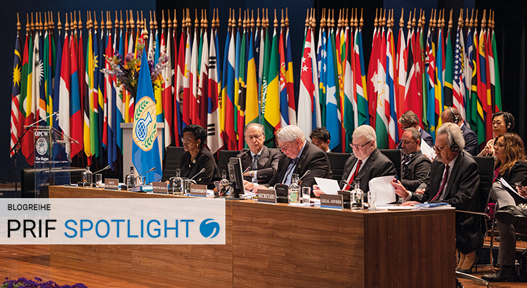 Podium during the Fifth Review Conference of the Chemical Weapons Convention.The Conference was held at the World Forum, The Hague, the Netherlands from 15 May to 19 May 2023.