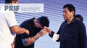 President Rodrigo Duterte with his son, mayoral aspi- rant Sebastian “Baste” Duterte in Davao City on May 6, 2022.