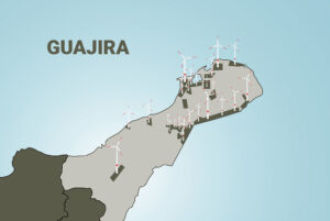 The schematic map shows that the majority of the wind farms on the coast are located in the outer area of the peninsula.