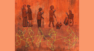 Five people and a dog are seen outlined in orange, against an orange background. Two of the people talk to each other, one stands along with a stick, one walks a dog, and the other is in a wheelchair. All of them look at their mobile phones intently, and all cast shadows on the ground. The shadows are made up of network diagrams, being representative, rather than literal shadows.
