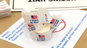 Sticker I Voted with US flag and PRIFblog tag US Elections 2024
