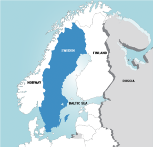 Map of Scandinavia showing that Russia can reach Sweden via the Baltic Sea