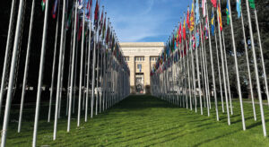 On the left and right side of the picture, national flags stand on grass. The UN building in Geneva stands in the middle of the flags.