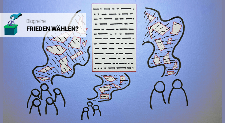 Three groups of icons representing people have shapes travelling between them and a page in the middle of the image. The page is a simple rectangle with straight lines representing data. The shapes traveling towards the page are irregular and in squiggly bands.