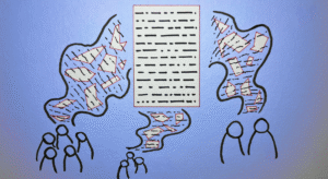Three groups of icons representing people have shapes travelling between them and a page in the middle of the image. The page is a simple rectangle with straight lines representing data. The shapes traveling towards the page are irregular and in squiggly bands.