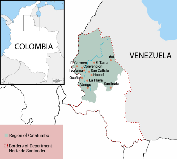 Karte von Kolumbien, in der die Region Catatumbo und das Department Norte de Santander im Grenzgebiet zu Venezuela eingezeichnet sind