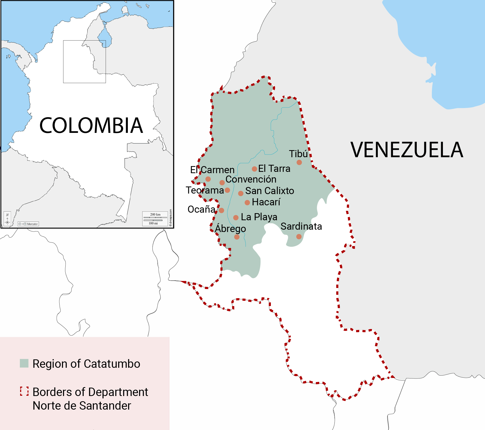 Karte von Kolumbien, in der die Region Catatumbo und das Department Norte de Santander im Grenzgebiet zu Venezuela eingezeichnet sind