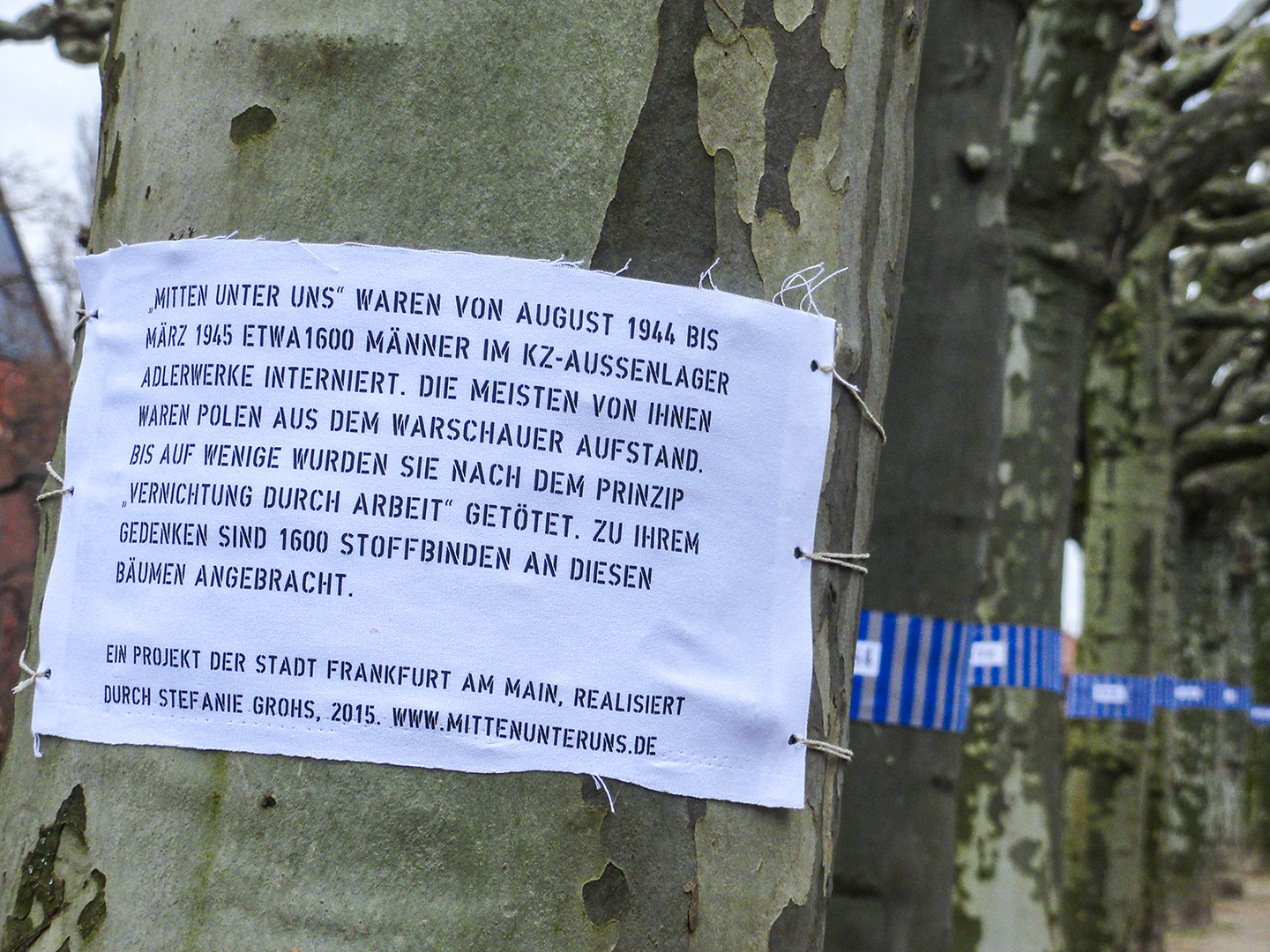 Eine Reihe Bäume an denen Zettel angebracht sind. Die meisten Zettel sind gestreift und es stehen Nummern drauf, es erinnert an Häftlingskleidung aus den KZs. Auf dem vordersten Papier steht: "Mitten unter uns waren von August 1944 bis März 1945 etwa 1600 Männer im KZ-Außenlager Adlerwerke Interniert. Die meisten von ihnen waren Polen aus dem Warschauer Aufstand. Bis auf wenige wurden sie nach dem Prinzip Vernichtung durch Arbeit getötet. Zu ihrem Gedenken sind 1600 Stofbinden an diesen Bäumen angebracht. Ein Projekt der Stadt Frankfurt am Main, realisiert durch Stefanie Grohs 2015.