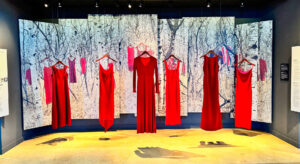 Rote Kleider hängen an Kleiderbügeln über einem gelben, von Lichtern angestrahlten Untergrund in einem dunklen Raum. Im Hintergrund sind große Fotos von Birken.