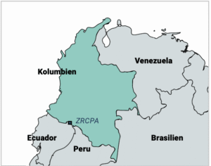 Karte von Kolumbien. Rechts davon sind die Ländern Venezuela und Brasilien zu sehen. Unter dem Land Kolumbien, das türkis eingefärbt ist, sind Peru und Ecuador abgebildet.