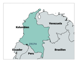 Karte von Kolumbien. Rechts davon sind die Ländern Venezuela und Brasilien zu sehen. Unter dem Land Kolumbien, das türkis eingefärbt ist, sind Peru und Ecuador abgebildet.