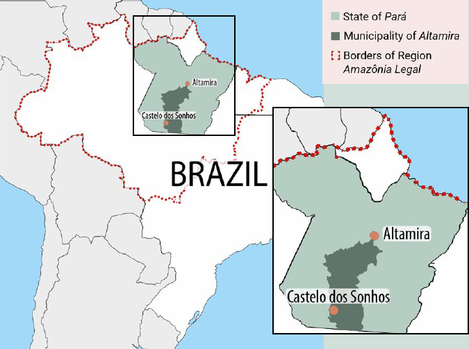 Mapa do Brasil com um plano detalhado da região do Pará. As fronteiras da região amazónica estão delineadas no noroeste do país. No interior desta região, o estado do Pará está destacado. É apresentado um plano detalhado deste estado, onde se destaca o município de Altamira, bem como as cidades de Altamira e Castelo dos Sonhos. Apresenta-se um grande plano do estado do Pará com uma legenda.