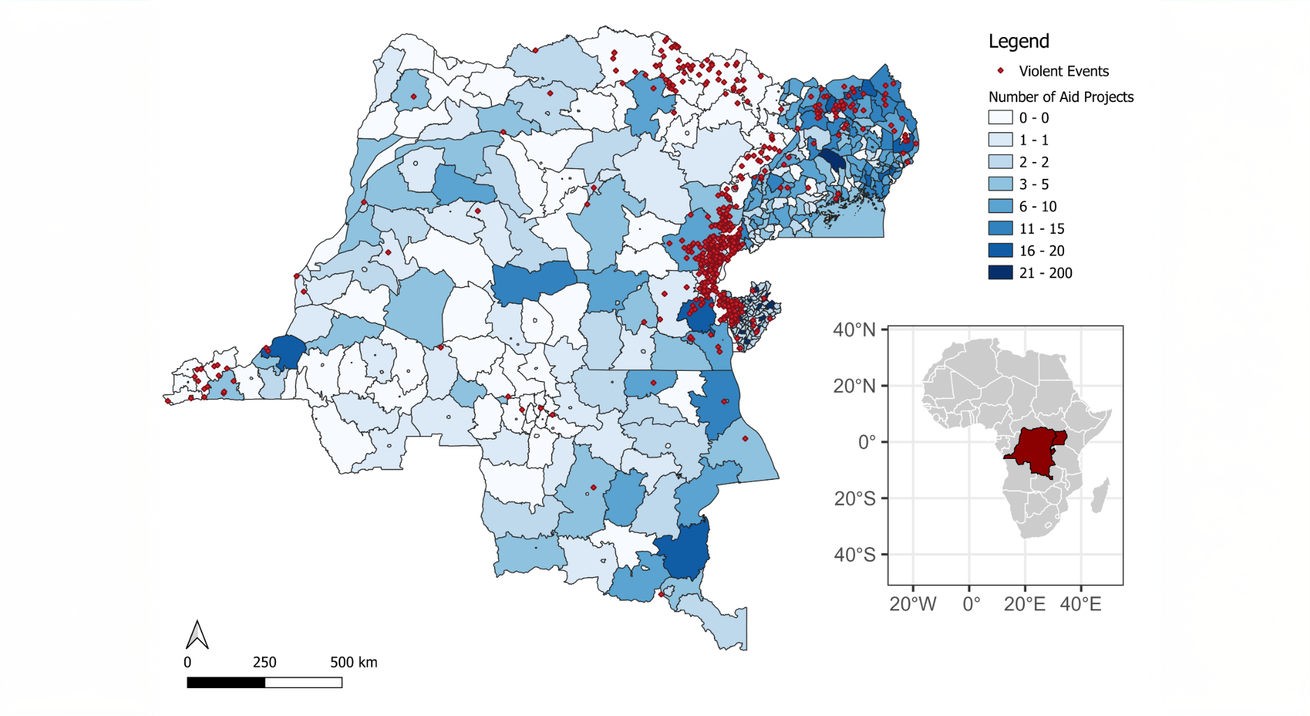Die Abbildung zeigt eine Karte von Burundi, der Demokratischen Republik Kongo und Uganda. Die einzelnen Regionen sind je nach Anzahl der Entwicklungshilfeprojekte in verschiedenen Blautönen eingefärbt. Rote Punkte markieren die Orte von Gewalttaten. Anzahl der Entwicklungshilfeprojekte nach Region: Insgesamt verzeichnet Uganda die höchste und die Demokratische Republik Kongo die niedrigste Dichte an Entwicklungshilfeprojekten der drei Länder. In Burundi gibt es in einigen Regionen mehr als 20 Entwicklungshilfeprojekte. In den anderen Regionen Burundis gibt es jeweils bis zu zwei Projekte. In der Demokratischen Republik Kongo gibt es keine Region, in der mehr als 20 Entwicklungshilfeprojekte angesiedelt sind. In drei Regionen gibt es 16 bis 20 Projekte. Vereinzelte Regionen weisen sechs bis 15 Projekte auf. Die meisten Regionen der Demokratischen Republik Kongo weisen null bis fünf Projekte auf. Die Dichte an Entwicklungshilfeprojekten ist in der Demokratischen Republik Kongo im Südosten am höchsten. In Uganda gibt es eine Region, in der mehr als 20 Entwicklungshilfeprojekte angesiedelt sind, diese liegt in der Mitte des Landes. In den meisten Regionen Ugandas bewegt sich die Zahl der Projekte zwischen sechs und 20. Einige Regionen Ugandas weisen drei bis fünf Projekte auf. In vereinzelten Regionen liegt die Zahl der Entwicklungshilfeprojekte unter zwei. Auftreten von Gewalttaten: Die Dichte an Gewalttaten ist besonders hoch im Osten der Demokratischen Republik Kongo zwischen Uganda und Burundi und an der Grenze zwischen der Demokratischen Republik Kongo und Burundi. Eine leichte Häufung von Gewalttaten zeigt sich im Nordosten der Demokratischen Republik Kongo, an der Grenze der Demokratischen Republik Kongo zu Uganda, im Nordosten Ugandas und am westlichen Zipfel der Demokratischen Republik Kongo. Vereinzelte Gewalttaten finden sich über den gesamten Kartenbereich hinweg.