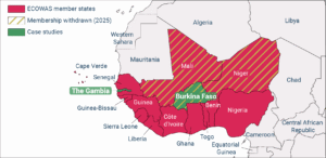 Map of West Africa, showing countries in three categories. ECOWAS member states: the countries in this category are Mali, Niger, Nigeria, Benin, Togo, Ghana, Côte d'Ivoire, Guine, Liberia, Sierra Leone, Guinea-Bissau, Cape Verde and Senegal. Case studies: the countries in this category are Burkina Faso and The Gambia. Membership withdrawn (2025): the countries in this category are Mali, Niger and Burkina Faso.