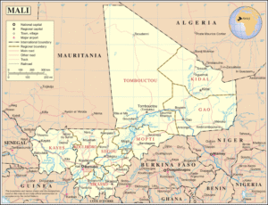 Map of Mali showing cities, towns, regional boundaries, airports, borders, and roads.