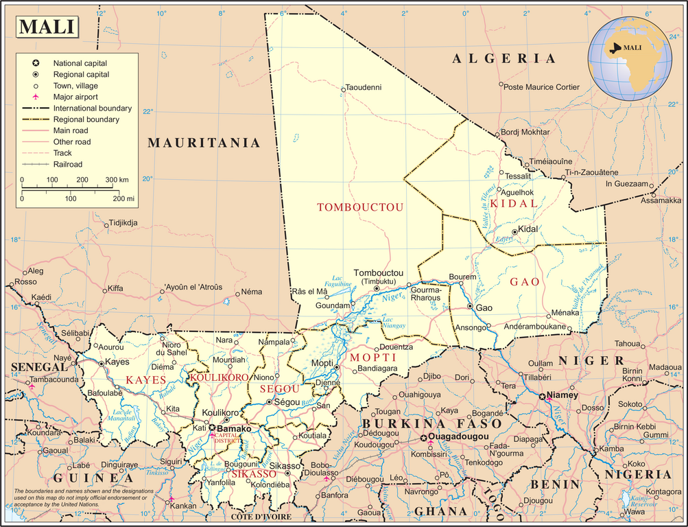 Map of Mali showing cities, towns, regional boundaries, airports, borders, and roads.