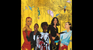 The painting depicts five women representing the Black, Asian and Minority Ethnic communities in front of a yellow background. The background is further illustrated with tropical animals and insects like dragonflies, salamanders and an elephant. Written above the women are the statistics "ITN 20.8%", "PWC: 12.8%". "Public Sector: 37,5%" and "Police Force: 16,0%".
