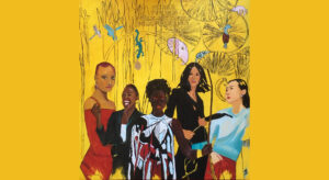 The painting depicts five women representing the Black, Asian and Minority Ethnic communities in front of a yellow background. The background is further illustrated with tropical animals and insects like dragonflies, salamanders and an elephant. Written above the women are the statistics "ITN 20.8%", "PWC: 12.8%". "Public Sector: 37,5%" and "Police Force: 16,0%".