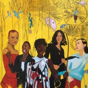The painting depicts five women representing the Black, Asian and Minority Ethnic communities in front of a yellow background. The background is further illustrated with tropical animals and insects like dragonflies, salamanders and an elephant. Written above the women are the statistics "ITN 20.8%", "PWC: 12.8%". "Public Sector: 37,5%" and "Police Force: 16,0%".