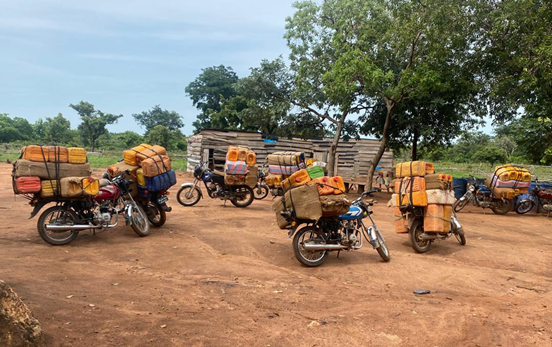 Overloaded motorcycles in front of trees.