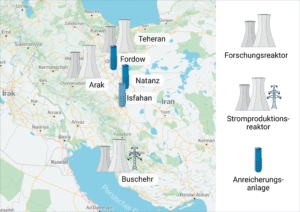 Karte des Iran mit Symbolen für Forschungsreaktoren, Stromproduktionsreaktoren und Anreicherungsanlagen. Forschungsreaktoren sind in Teheran im Norden und in Arak in der Mitte des Landes eingezeichnet. Ein Stromproduktionsreaktor ist in Buschehr im Süden am Persischen Golf eingezeichnet. Anreicherungsanlagen befinden sich in der Mitte des Landes in Fordow, Natanz und Isfahan. Das Symbol bei Isfahan ist etwas transparenter gehalten.