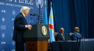 President Donald Trump with President Paul Kagame of the Republic of Rwanda and President Felix Tshisekedi of the Democratic Republic of Congo, Thursday, December 4, 2025, at the United States Peace Institute in Washington, D.C.